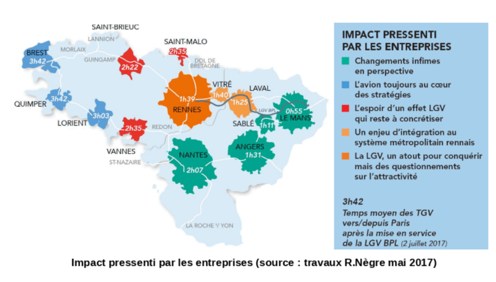 Carte de Bretagne avec les impacts pressentis par les entreprises, de la LGV Paris-Rennes. On voit notamment Brest, Lorient et Quimper qui continuent à utiliser l'avion.